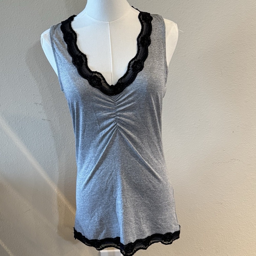 Y2K Gray Lace Trim Tank Top Womens Medium Ruched Stretch Goth Coquette